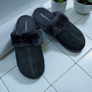 Tempur Pedic Black Suede Kensley Scuff Slippers Faux Fur Collar Size 7M